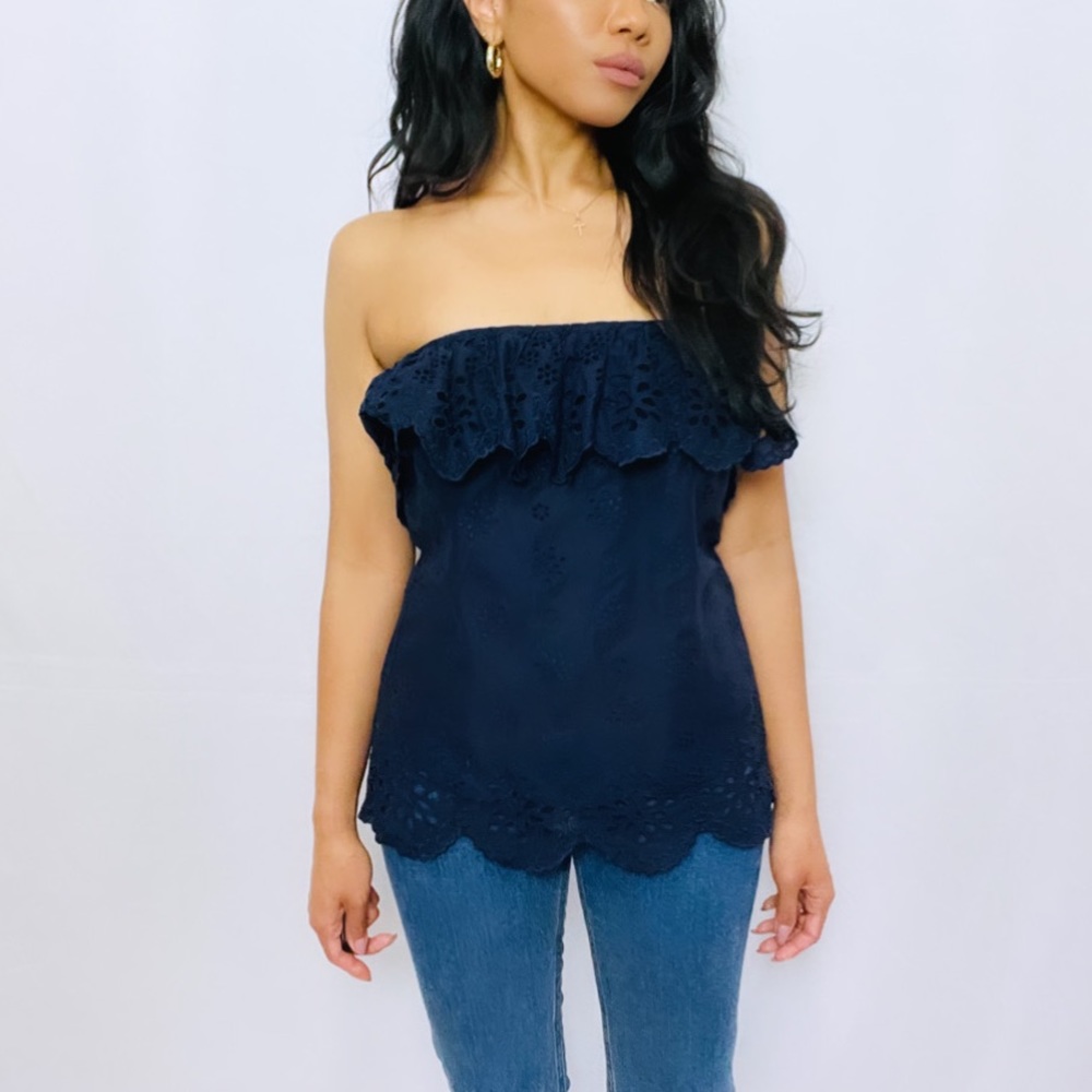 Milly | Blue 100% Cotton Eyelet Lace Ruffle Strapless Top with Scalloped Hem  4 - Picture 12 of 12